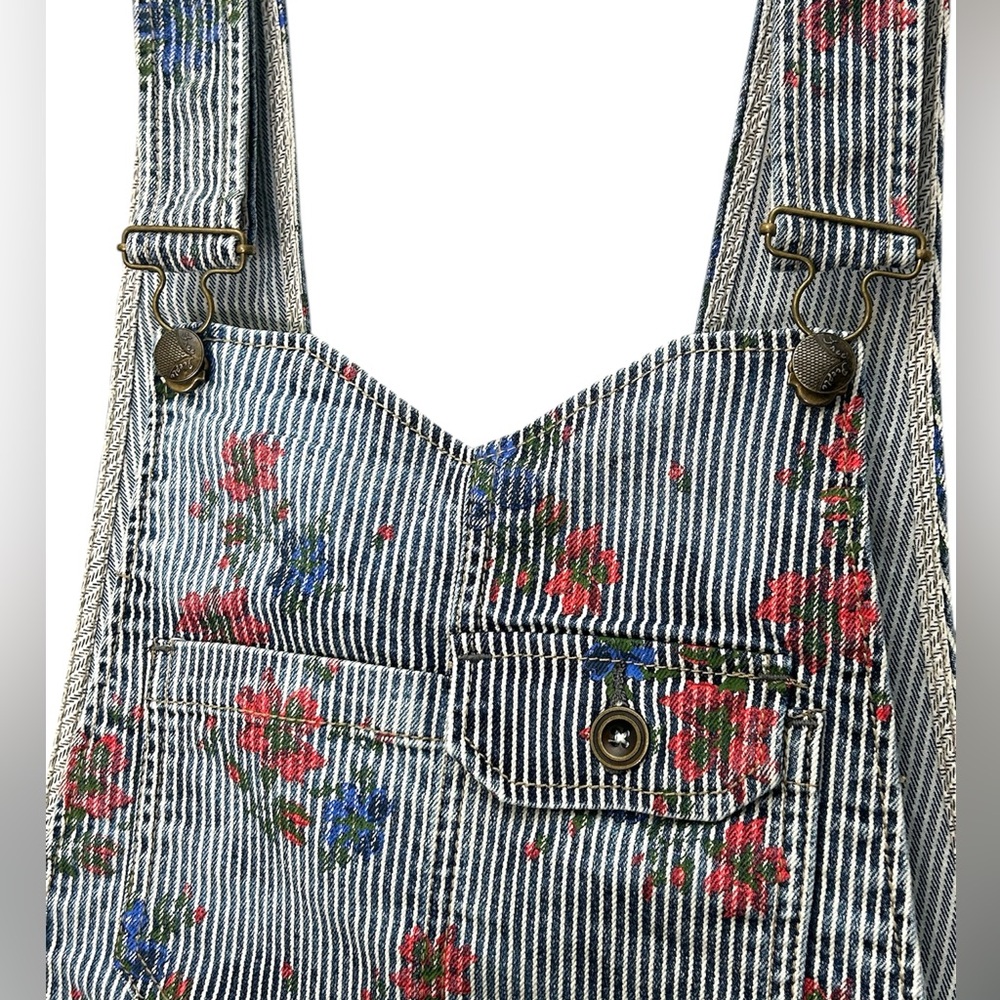Free People Floral Print Striped Denim Overalls Size 2 - Picture 2 of 7
